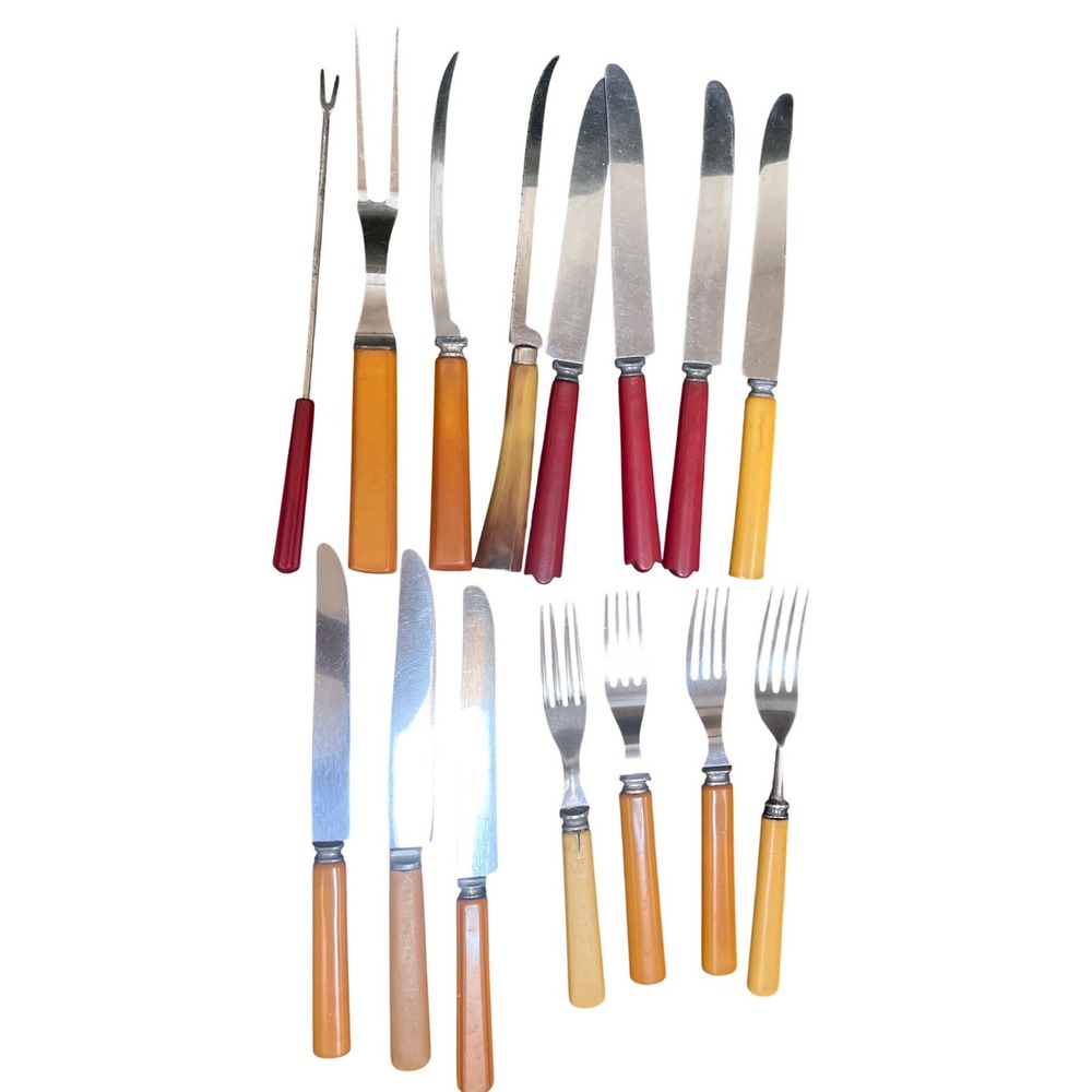 Vtg Mixed Lot Bakelite Flatware Butterscotch Yellow Cherry Red 15Pc MCM Art Deco